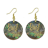 Abalone Shell Earring, with Brass, Flat Round, gold color plated, with butterfly pattern & gold accent 53mm 