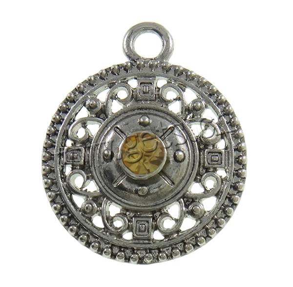 Zinc Alloy Jewelry Pendants, Flat Round, plated, with rhinestone, more colors for choice, nickel, lead & cadmium free, 22x27x5.5mm, Hole:Approx 3mm, Sold By PC