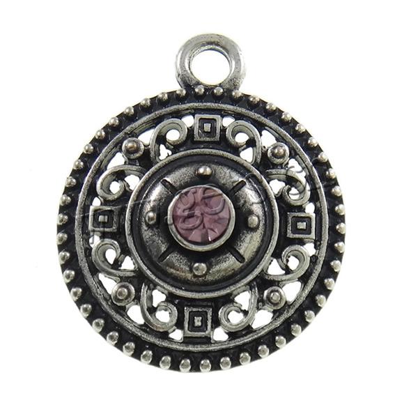 Zinc Alloy Jewelry Pendants, Flat Round, plated, with rhinestone, more colors for choice, nickel, lead & cadmium free, 22x27x5.5mm, Hole:Approx 3mm, Sold By PC