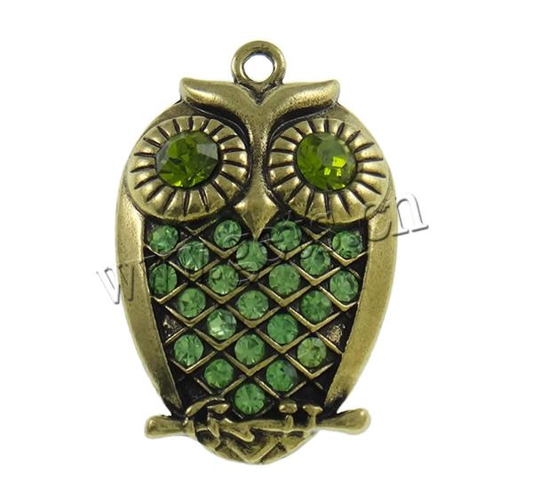 Zinc Alloy Animal Pendants, Owl, plated, Customized & with rhinestone, more colors for choice, nickel, lead & cadmium free, 27.5x41x6mm, Hole:Approx 2mm, Sold By PC
