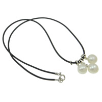 Natural Freshwater Pearl Necklace, with rubber cord, brass spring ring clasp, Round, with rhinestone 9-10mm Inch 