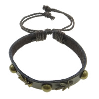Cowhide Bracelets, with Waxed Cotton Cord & Zinc Alloy, antique bronze color plated, adjustable 12mm Approx 19 cm 