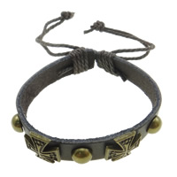 Cowhide Bracelets, with Waxed Cotton Cord & Zinc Alloy, antique bronze color plated, with cross pattern & adjustable 12mm Approx 19 cm 