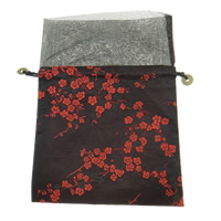 Sac cadeau en soie, satin, avec organza, rectangle, avec le motif de fleurs, noire Vendu par PC