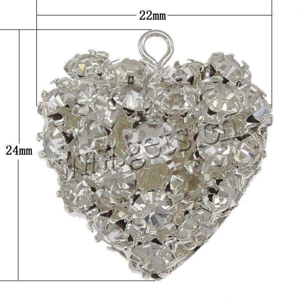 Colgantes de corazón de latón, metal, chapado, con diamantes de imitación & hueco, más colores para la opción, 22x24x10mm, agujero:aproximado 2mm, Vendido por UD