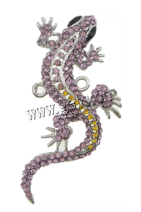 Rhinestone Zinc Alloy Connector, Gecko, plated, Customized & with rhinestone & 1/1 loop, more colors for choice, 29x62x3.5mm, Hole:Approx 2.5mm, Sold By PC