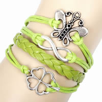 Combined Bracelet, PU Leather, butterfly & four leaf clover & infinity, with Wax Cord & Zinc Alloy, antique silver color plated, green, lead & cadmium free, 60mm Approx 6-7.8 Inch 