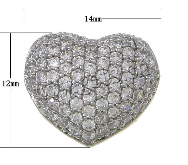 Cubic Zirconia Micro Pave Brass Beads, Heart, plated, micro pave cubic zirconia & hollow, more colors for choice, 14x12x8mm, Hole:Approx 3mm, Sold By PC
