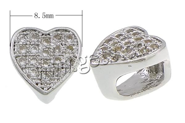 Cubic Zirconia Micro Pave Slide Charm, Brass, Heart, platinum color plated, micro pave cubic zirconia, 8.5x8.5x7mm, Hole:Approx 4x6mm, Sold By PC