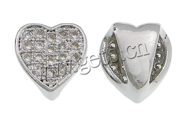 Cubic Zirconia Micro Pave Slide Charm, Brass, Heart, platinum color plated, micro pave cubic zirconia, 8.5x8.5x7mm, Hole:Approx 4x6mm, Sold By PC