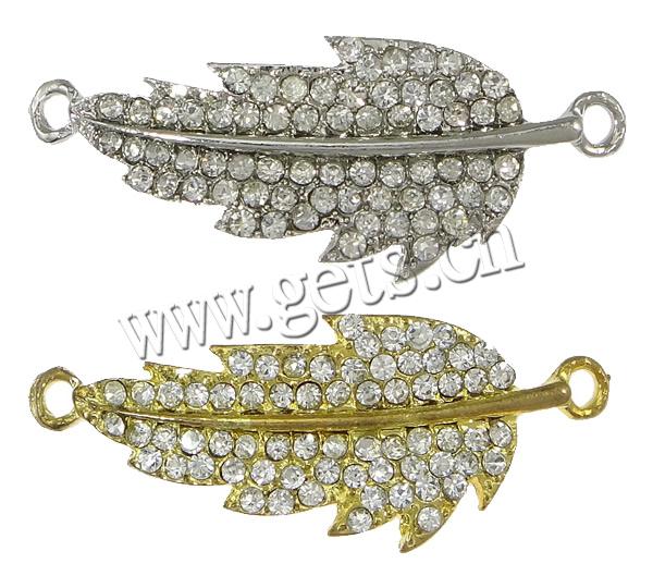 Rhinestone Zinc Alloy Connector, Leaf, plated, with rhinestone & 1/1 loop, more colors for choice, cadmium free, 50x20x3mm, Hole:Approx 3mm, Sold By PC