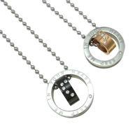 316L Stainless Steel Couple Necklace, Donut, plated, ball chain & with letter pattern & for couple & with Czech rhinestone & two tone, 23mm, 21mm Approx 21.5 Inch 