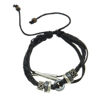 Cowhide Bracelets, with Waxed Cotton Cord & Wood & Copper Coated Plastic & Brass & Zinc Alloy, plated, adjustable & , black, approx 6mm Approx 7.8 Inch 
