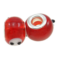 Silver Plated Double Core Lampwork European Beads, Rondelle, antique silver color plated, cupronickel double core without troll, red Approx 5mm 