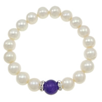 Cultured Freshwater Pearl Brass Bracelet, with Amethyst & Rhinestone, Round, natural, February Birthstone, white, 11-12mm Approx 7 Inch 