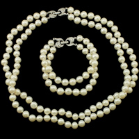 Bijoux de perle d'eau douce naturelle, perle d'eau douce cultivée, Bracelet & collier, argent pur boucle déployante, Rond, pavé de micro zircon & 2 fils, blanc, 8-9mm .5-17 pouce, Vendu par fixé