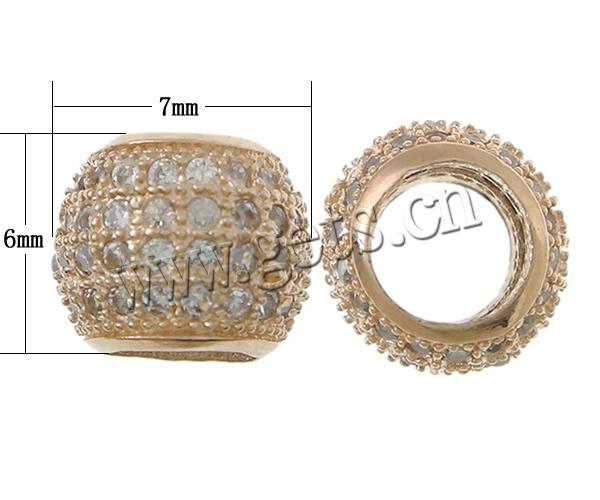 Cubic Zirconia Micro Pave Brass Beads, Drum, plated, micro pave cubic zirconia & large hole, more colors for choice, 7x6mm, Hole:Approx 4mm, Sold By PC