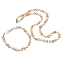 Conjunto de joya de perla de agua dulce de latón, pulsera & collar, latón cierre de langosta, 6mm, longitud:17 Inch,  6.5 Inch, Vendido por Set