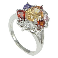 Cubic Zircon Brass Finger Ring, Flower, platinum color plated, with cubic zirconia & faceted, 15mm, US Ring 