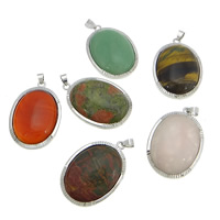 Gemstone Brass Pendants, Flat Oval, platinum color plated Approx 