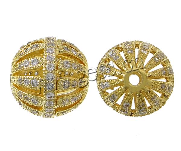 Cubic Zirconia Micro Pave Brass Beads, Round, plated, micro pave cubic zirconia & hollow, more colors for choice, 12.5mm, Hole:Approx 2mm, Sold By PC