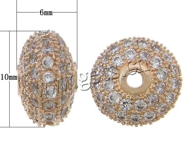 Cubic Zirconia Micro Pave Brass Beads, Rondelle, plated, micro pave cubic zirconia & hollow, more colors for choice, 6x10mm, Hole:Approx 2mm, Sold By PC