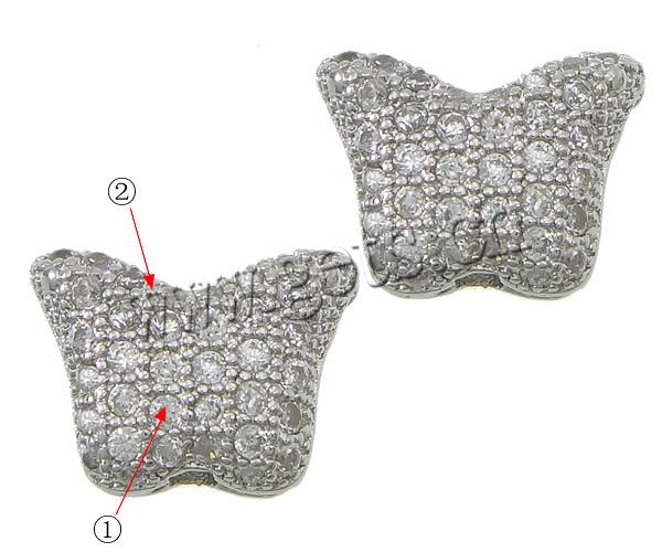 Cubic Zirconia Micro Pave Brass Beads, Butterfly, plated, micro pave cubic zirconia, more colors for choice, 11.5x8x5mm, Hole:Approx 2mm, Sold By PC