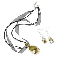 Lampwork Jewelry Sets, earring & necklace, with Ribbon, brass lobster clasp, brass earring hook, Teardrop, gold sand  .5 Inch 