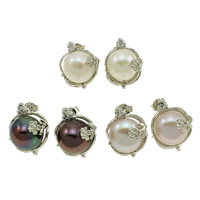 Freshwater Pearl Stud Earring, brass post pin, Dome, mixed colors, 12-13mm 