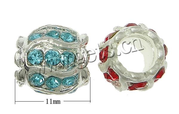 Rhinestone Zinc Alloy European Beads, Drum, plated, more colors for choice, nickel, lead & cadmium free, 12x12mm, Hole:Approx 6mm, Sold By PC