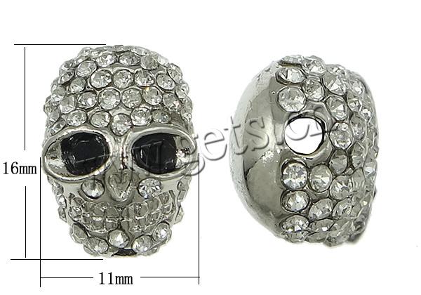 Strass Zinklegierung Perlen, mit Zinklegierung, Schädel, plattiert, mit Strass von Klasse A, keine, 11x16x8.5mm, Bohrung:ca. 2mm, verkauft von PC