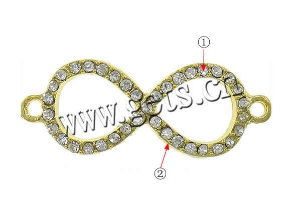 Rhinestone Zinc Alloy Connector, Infinity, Customized & with rhinestone & 1/1 loop, cadmium free, 43x16x2.5mm, Hole:Approx 2mm, Sold By PC
