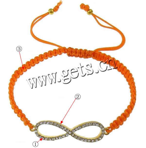 Bracelets de Woven Ball En alliage de zinc, avec corde en nylon & laiton, Infini, Placage, Personnalisé & avec strass, plus de couleurs à choisir, sans cadmium, 40x10x3mm, 4mm, 5mm, Longueur:7-11 pouce, Vendu par brin