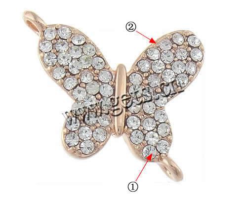Animal Zinc Alloy Connector, Butterfly, plated, with Mideast rhinestone & 1/1 loop, more colors for choice, nickel, lead & cadmium free, 13x16x2.5mm, Hole:Approx 1.5mm, Sold By PC