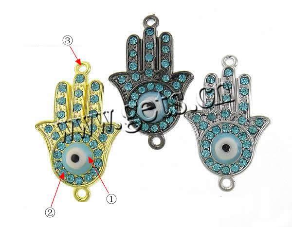 Rhinestone Zinc Alloy Connector, Hamsa, plated, Islamic jewelry & enamel & with rhinestone & 1/1 loop, more colors for choice, 34x21x3mm, Hole:Approx 1mm, Sold By PC