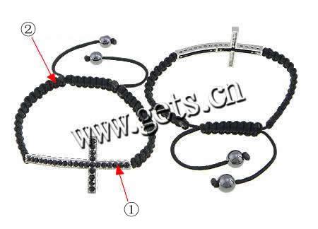 Zinc Alloy Woven Ball Bracelets, with Wax Cord & Nylon Cord & Hematite, Cross, handmade, with rhinestone, more colors for choice, 49x25x5mm,8mm, Length:Approx 7-14 Inch, Sold By Strand