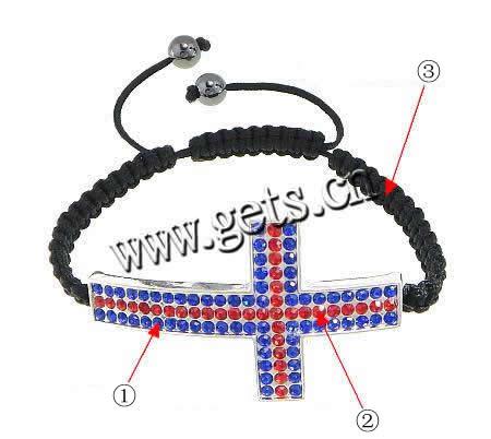 Zinc Alloy Woven Ball Bracelets, with Wax Cord & Hematite, Cross, handmade, with rhinestone, more colors for choice, 58x34x4.5mm,8mm, Length:Approx 7-14 Inch, Sold By Strand