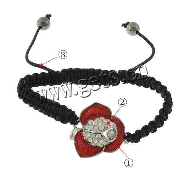 Rhinestone Woven Ball Bracelets, with Nylon Cord & Hematite & Zinc Alloy, Flower, platinum color plated, more colors for choice, cadmium free, 25x25x8mm, 8mm, Length:Approx 6-10 Inch, Sold By Strand
