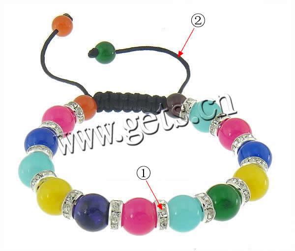 Glass Woven Ball Bracelets, with rhinestone brass spacer & Nylon Cord, multi-colored, 10mm, 8mm, 8x3.5mm, Length:Approx 7-12 Inch, Sold By Strand