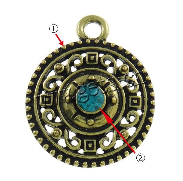 Zinc Alloy Jewelry Pendants, Flat Round, plated, with rhinestone, more colors for choice, nickel, lead & cadmium free, 22x27x5.5mm, Hole:Approx 3mm, Sold By PC