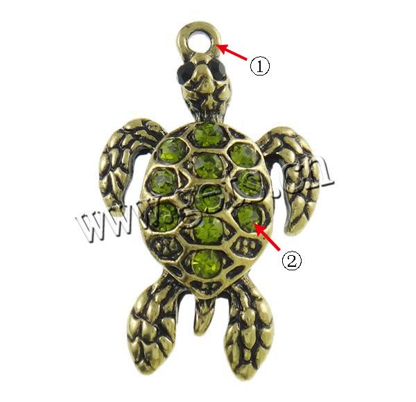 Pendentifs animaux en alliage de zinc, tortue, Placage, Personnalisé & avec strass, protéger l'environnement, sans nickel, plomb et cadmium, 20x33x5mm, Trou:Environ 2mm, Vendu par PC