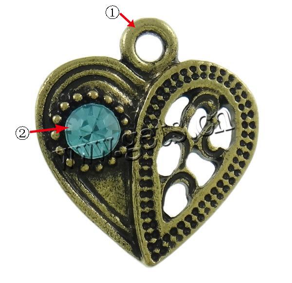 Pendentifs coeur en alliage de zinc, Placage, Personnalisé & avec strass, plus de couleurs à choisir, protéger l'environnement, sans nickel, plomb et cadmium, 15x17x4mm, Trou:Environ 2mm, Vendu par PC