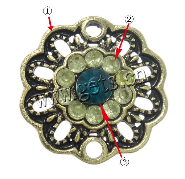 Conector de aleación de Zinc de flor, chapado, Modificado para requisitos particulares & con diamantes de imitación & 1/1 aro, más colores para la opción, libre de níquel, plomo & cadmio, 17x3mm, agujero:aproximado 2mm, Vendido por UD