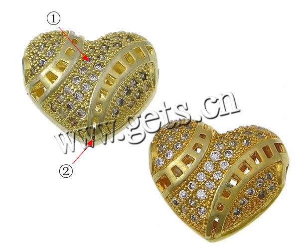 Cubic Zirconia Micro Pave Brass Beads, Heart, plated, micro pave cubic zirconia & hollow, more colors for choice, 15x13x7.5mm, Hole:Approx 1.8mm, Sold By PC