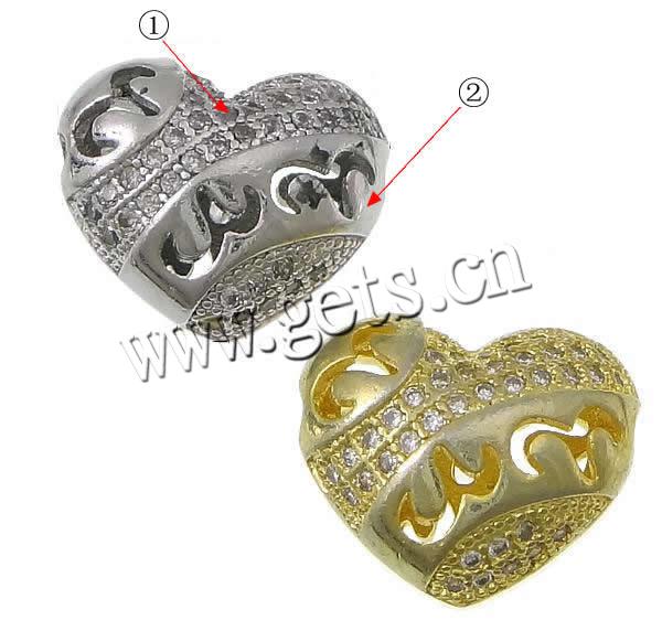 Cubic Zirconia Micro Pave Brass Beads, Heart, plated, micro pave cubic zirconia & hollow, more colors for choice, 14x12x7mm, Hole:Approx 2mm, Sold By PC