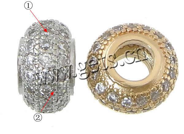 Cubic Zirconia Micro Pave Brass Beads, Rondelle, plated, micro pave cubic zirconia & large hole, more colors for choice, 8x13mm, Hole:Approx 6mm, Sold By PC