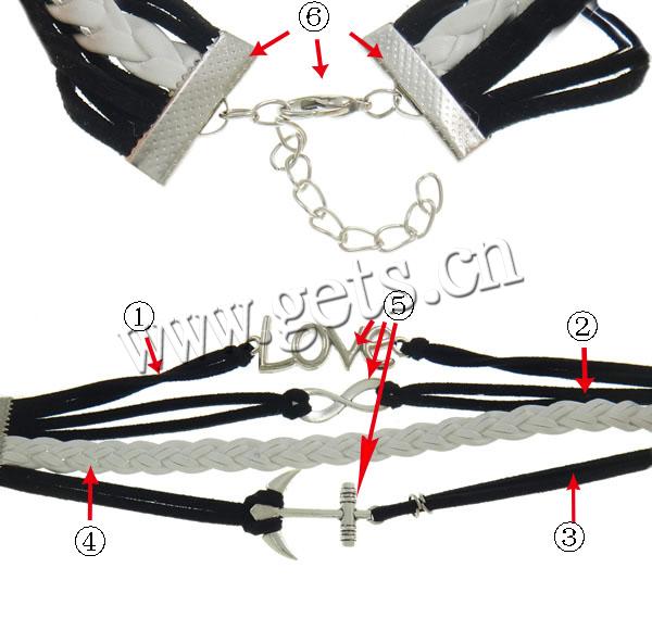 PU Leather Cord Bracelets, Zinc Alloy, with PU Leather & Velveteen Cord, with 4.5cm extender chain, plated, Customized & 4-strand, more colors for choice, nickel, lead & cadmium free, 40x26x4mm, Length:Approx 7 Inch, Sold By Strand