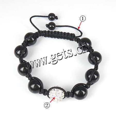 Black Agate Woven Ball Bracelets, with Wax Cord & Rhinestone Clay Pave Bead, with 50 pcs rhinestone, 12mm, Length:Approx 6.5-12 Inch, Sold By Strand