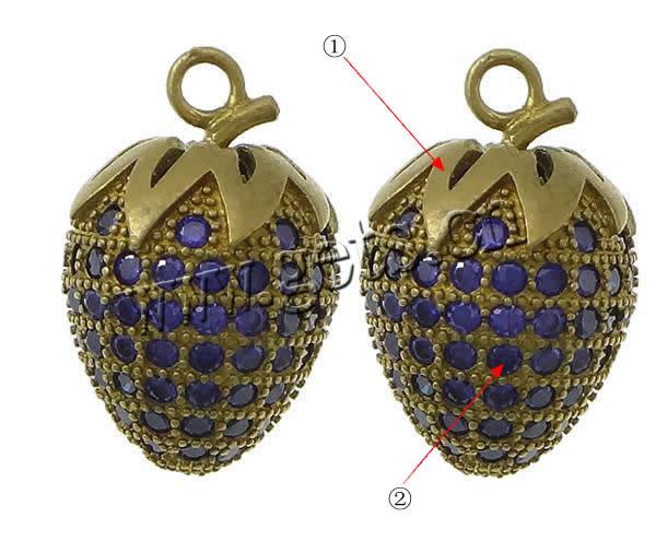 Brass Fruit Pendants, Strawberry, plated, micro pave cubic zirconia, more colors for choice, cadmium free, Hole:Approx 2mm, Sold By PC