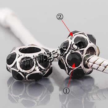 Rhinestone Zinc Alloy European Beads, Rondelle, plated, with rhinestone, more colors for choice, cadmium free, 8x10mm, Hole:Approx 4.7mm, Sold By PC